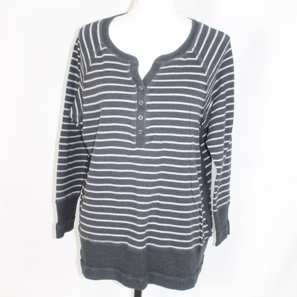 AXCESS HENLEY SWEATER WOMAN SIZE XL DARK & LIGHT GRAY STRIPED BUTTON FRONT L/S - Picture 7 of 11